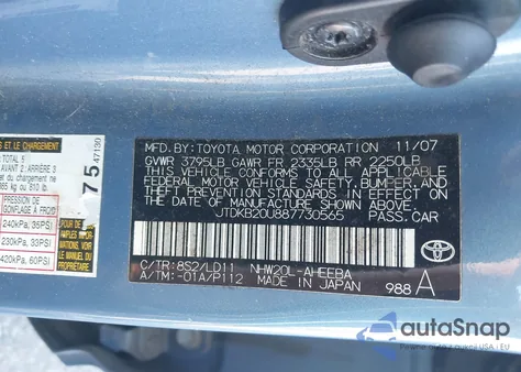 2008 Toyota Prius z USA, uszkodzony, nr VIN JTDKB20U887730565